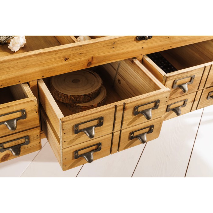 Tavolino basso CURIONA 100 cm con piano in vetro e 8 cassetti stile industriale