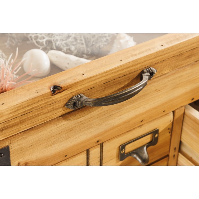 Tavolino basso CURIONA 100 cm con piano in vetro e 8 cassetti stile industriale