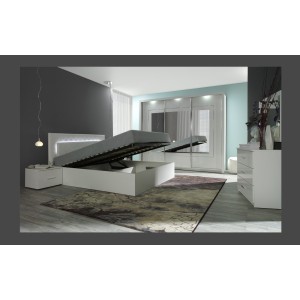 Ensemble PANAREA : lit coffre 160x200, chevets, commode et armoire avec lit coffre ouvert