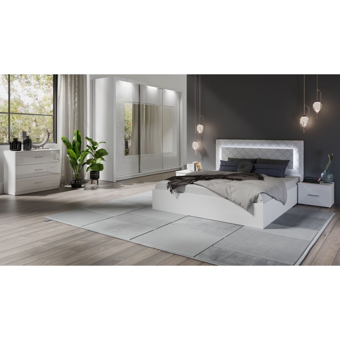 Ensemble PANAREA : lit coffre 180x200, chevets, commode et armoire