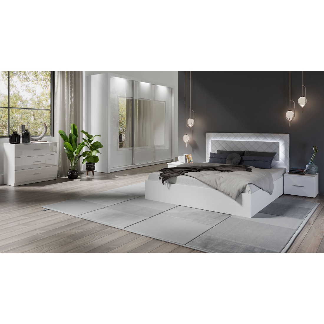 Ensemble PANAREA : lit coffre 180x200, chevets, commode et armoire