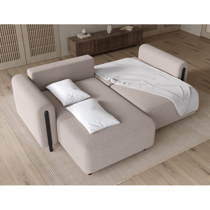 Canapé d’angle convertible ARVESSA beige sable – Angle gauche avec coffre 