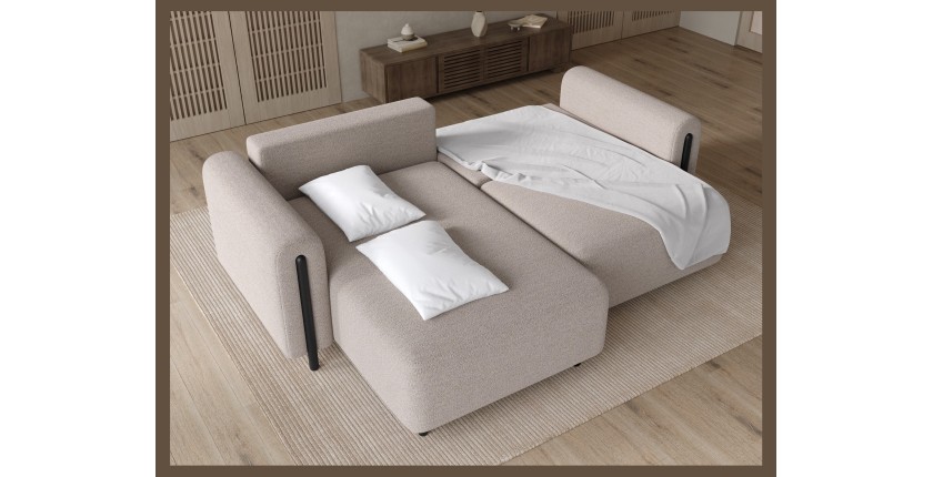 Canapé d’angle convertible ARVESSA beige sable – Angle gauche avec coffre 