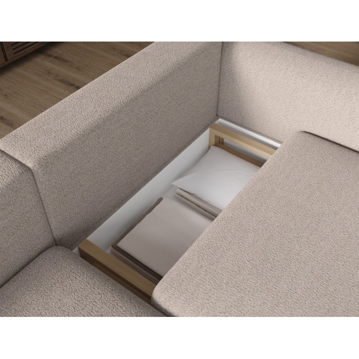 Canapé d’angle convertible ARVESSA beige sable – Angle gauche avec coffre 