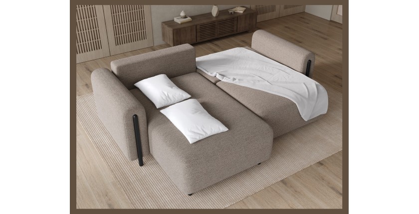 Canapé d’angle convertible ARVESSA brun clair – Angle gauche avec coffre 