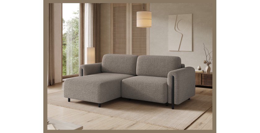 Canapé d’angle convertible ARVESSA brun clair – Angle gauche avec coffre 