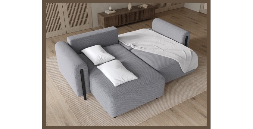 Canapé d’angle convertible ARVESSA gris clair – Angle gauche avec coffre 