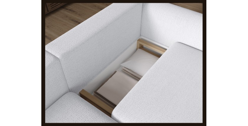 Canapé d’angle convertible ARVESSA blanc – Angle gauche avec coffre 