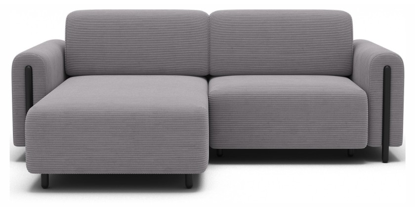 Canapé d’angle convertible ARVESSA gris clair velours côtelé – Angle gauche avec coffre 