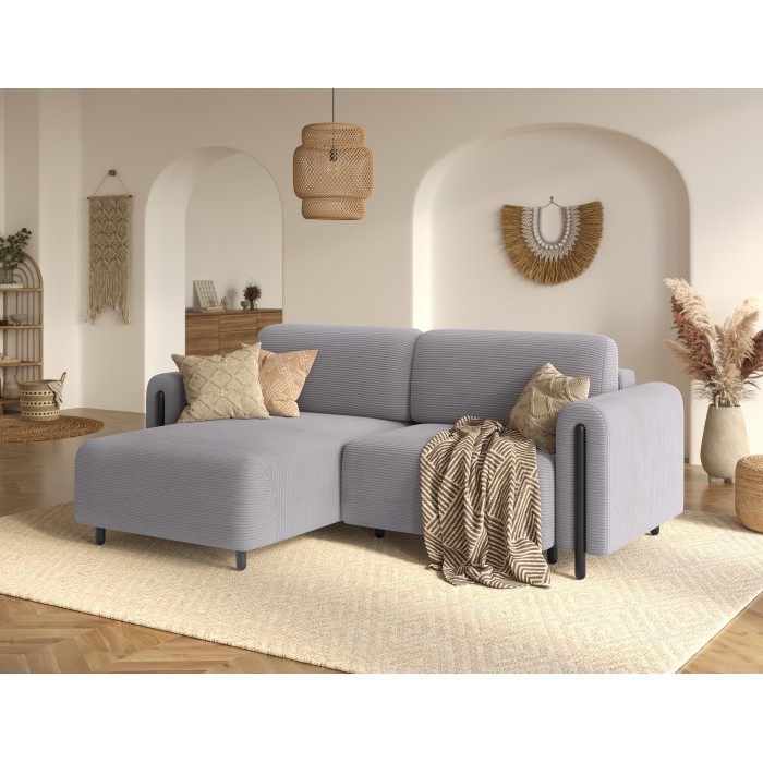 Canapé d’angle convertible ARVESSA gris clair velours côtelé – Angle gauche avec coffre 