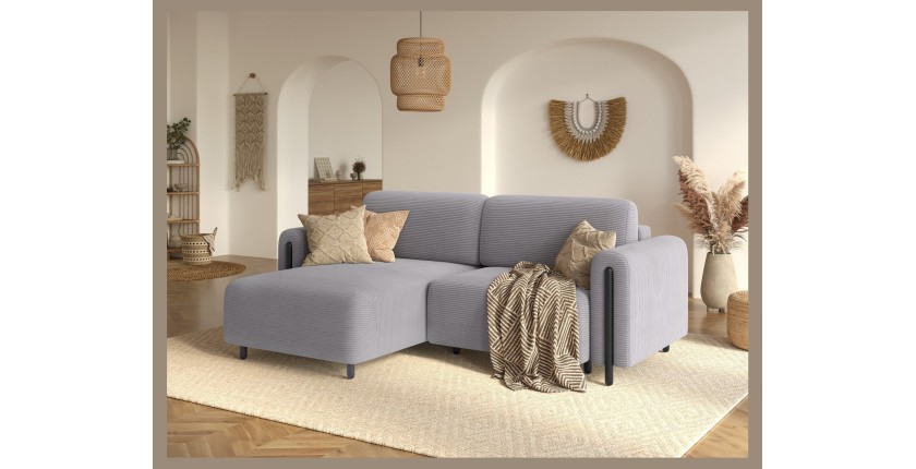 Canapé d’angle convertible ARVESSA gris clair velours côtelé – Angle gauche avec coffre 