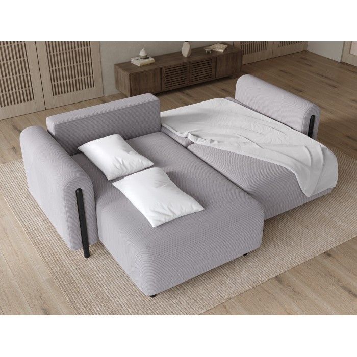 Canapé d’angle convertible ARVESSA gris clair velours côtelé – Angle gauche avec coffre 