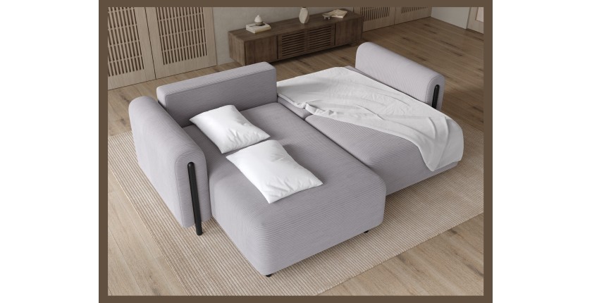 Canapé d’angle convertible ARVESSA gris clair velours côtelé – Angle gauche avec coffre 