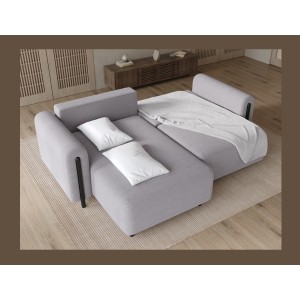 Canapé d’angle convertible ARVESSA gris clair velours côtelé – Angle gauche avec coffre 