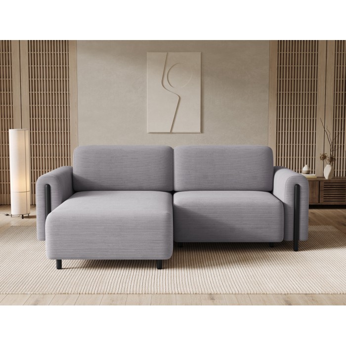 Canapé d’angle convertible ARVESSA gris clair velours côtelé – Angle gauche avec coffre 