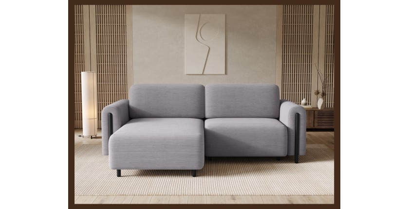 Canapé d’angle convertible ARVESSA gris clair velours côtelé – Angle gauche avec coffre 