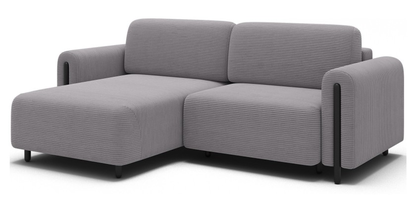 Canapé d’angle convertible ARVESSA gris clair velours côtelé – Angle gauche avec coffre 