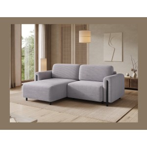 Canapé d’angle convertible ARVESSA gris clair velours côtelé – Angle gauche avec coffre 