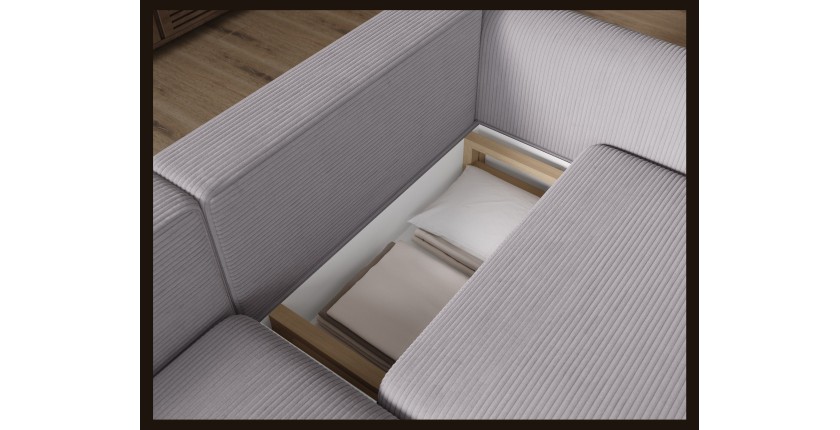 Canapé d’angle convertible ARVESSA gris clair velours côtelé – Angle gauche avec coffre 
