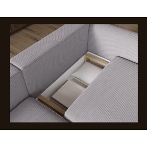 Canapé d’angle convertible ARVESSA gris clair velours côtelé – Angle gauche avec coffre 