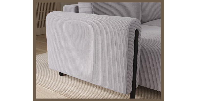 Canapé d’angle convertible ARVESSA gris clair velours côtelé – Angle gauche avec coffre 