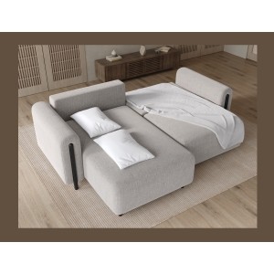 Canapé d’angle convertible ARVESSA gris clair bouclette – Angle gauche avec coffre 