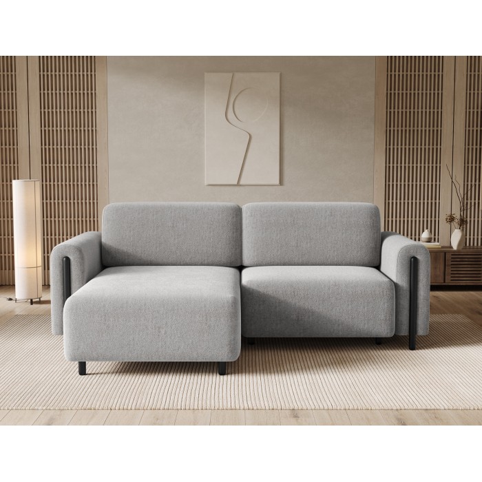 Canapé d’angle convertible ARVESSA gris clair bouclette – Angle gauche avec coffre 
