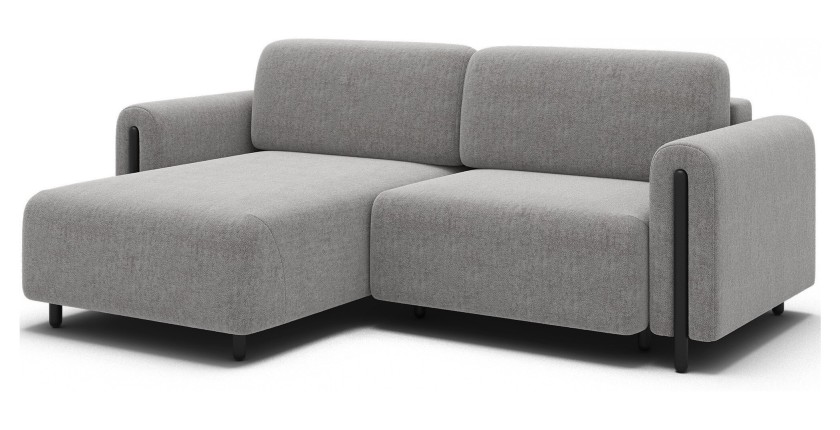 Canapé d’angle convertible ARVESSA gris clair bouclette – Angle gauche avec coffre 