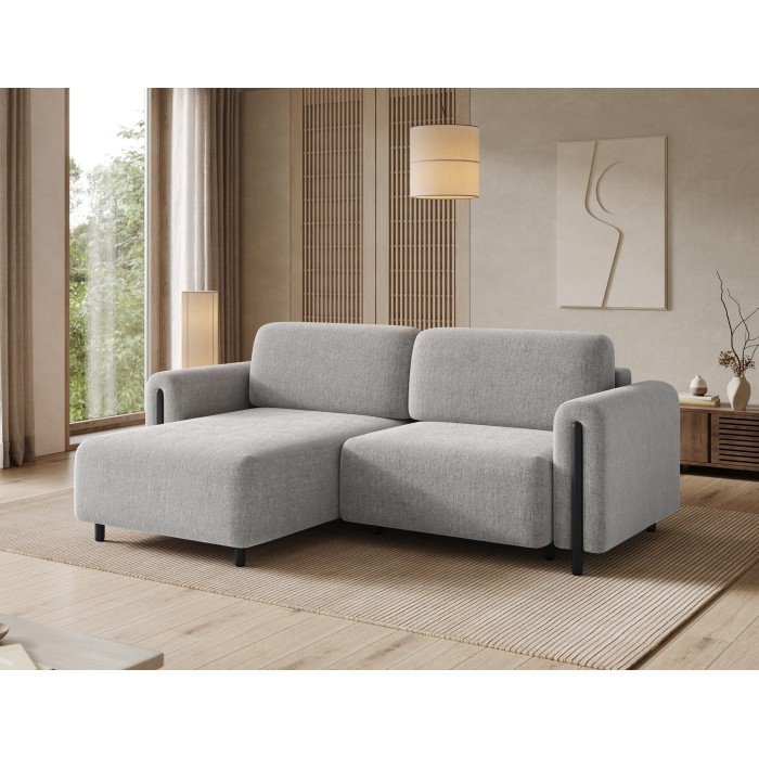 Canapé d’angle convertible ARVESSA gris clair bouclette – Angle gauche avec coffre 