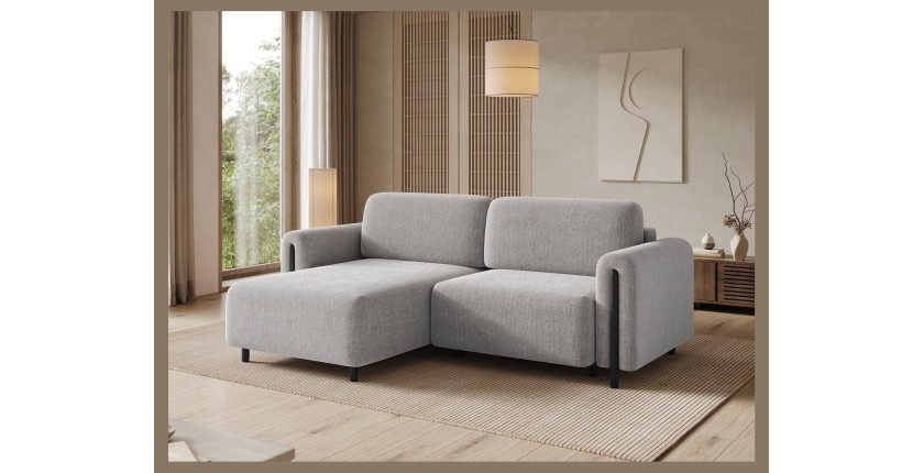 Canapé d’angle convertible ARVESSA gris clair bouclette – Angle gauche avec coffre 