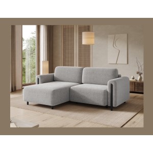 Canapé d’angle convertible ARVESSA gris clair bouclette – Angle gauche avec coffre 