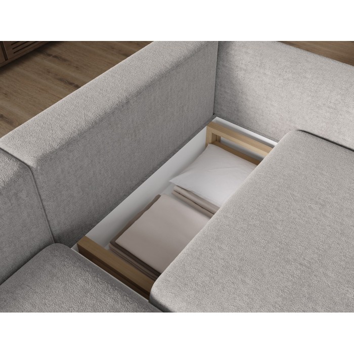 Canapé d’angle convertible ARVESSA gris clair bouclette – Angle gauche avec coffre 