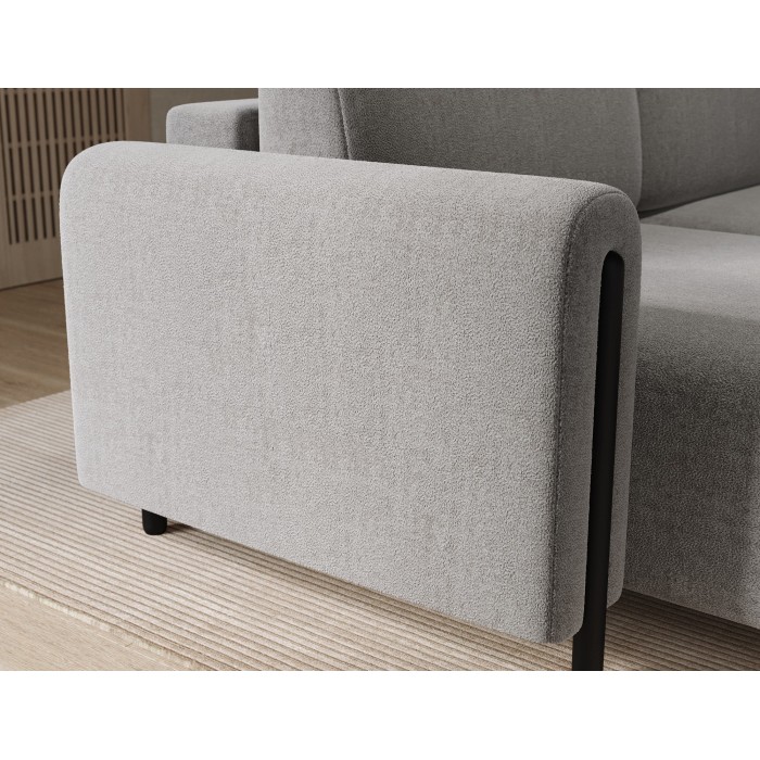 Canapé d’angle convertible ARVESSA gris clair bouclette – Angle gauche avec coffre 
