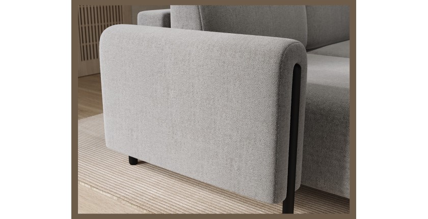 Canapé d’angle convertible ARVESSA gris clair bouclette – Angle gauche avec coffre 