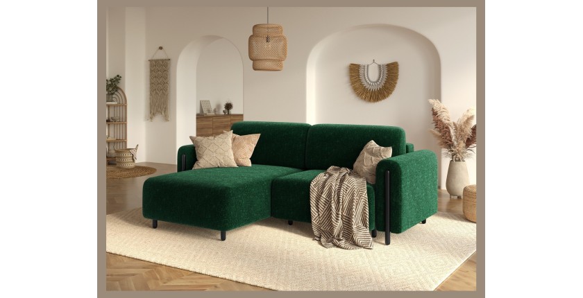 Canapé d’angle convertible ARVESSA vert émeraude bouclette – Angle gauche avec coffre 
