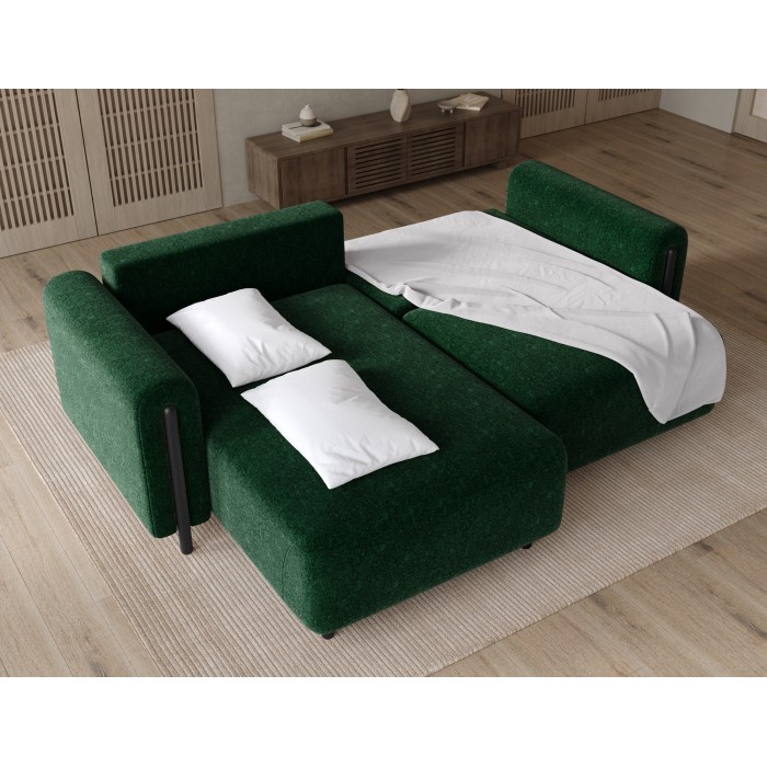 Canapé d’angle convertible ARVESSA vert émeraude bouclette – Angle gauche avec coffre 
