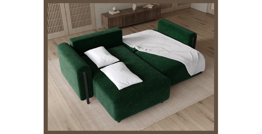 Canapé d’angle convertible ARVESSA vert émeraude bouclette – Angle gauche avec coffre 