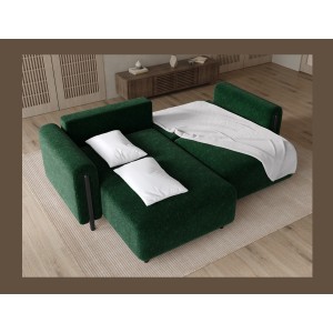Canapé d’angle convertible ARVESSA vert émeraude bouclette – Angle gauche avec coffre 