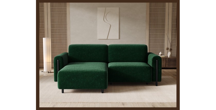 Canapé d’angle convertible ARVESSA vert émeraude bouclette – Angle gauche avec coffre 