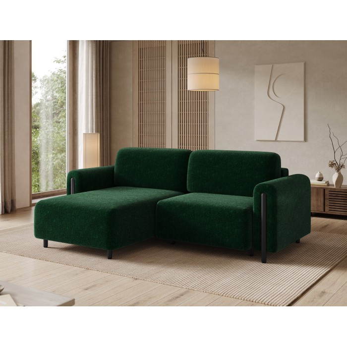 Canapé d’angle convertible ARVESSA vert émeraude bouclette – Angle gauche avec coffre 
