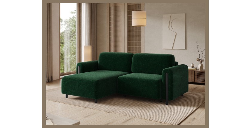 Canapé d’angle convertible ARVESSA vert émeraude bouclette – Angle gauche avec coffre 