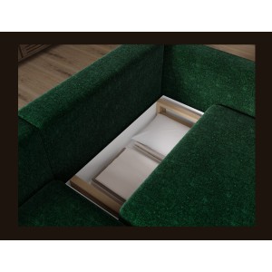Canapé d’angle convertible ARVESSA vert émeraude bouclette – Angle gauche avec coffre 