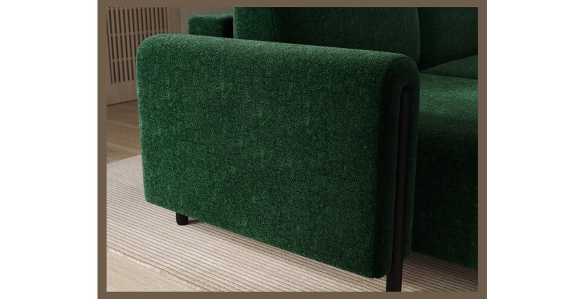 Canapé d’angle convertible ARVESSA vert émeraude bouclette – Angle gauche avec coffre 