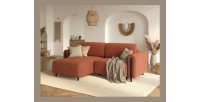 Canapé d’angle convertible ARVESSA terracotta bouclette – Angle gauche avec coffre 