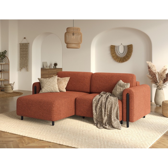 Canapé d’angle convertible ARVESSA terracotta bouclette – Angle gauche avec coffre 
