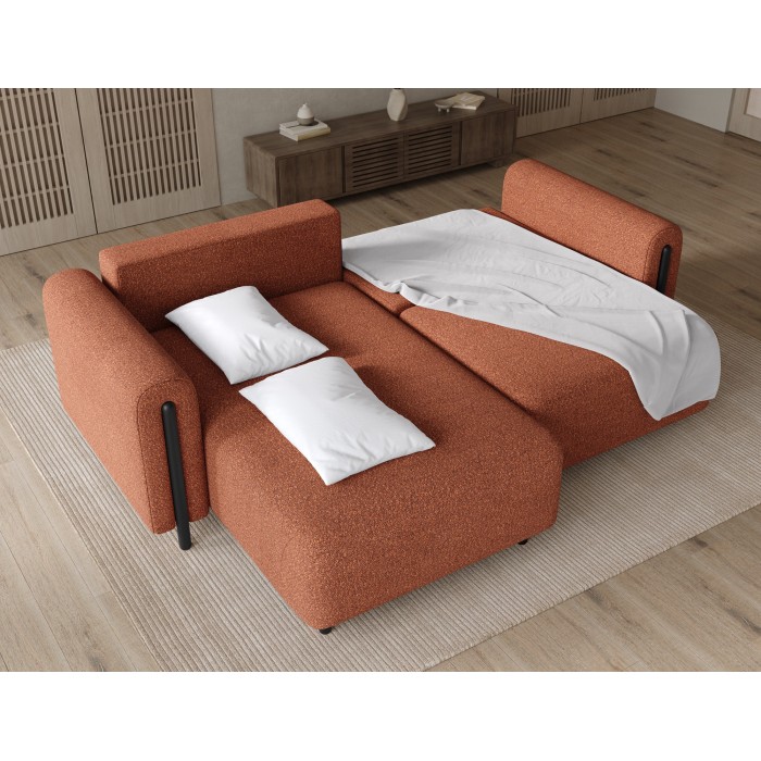 Canapé d’angle convertible ARVESSA terracotta bouclette – Angle gauche avec coffre 