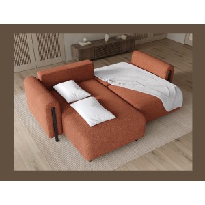 Canapé d’angle convertible ARVESSA terracotta bouclette – Angle gauche avec coffre 