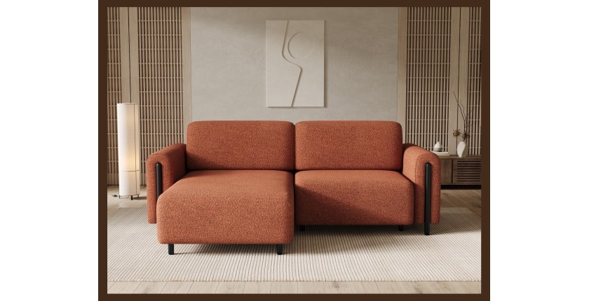 Canapé d’angle convertible ARVESSA terracotta bouclette – Angle gauche avec coffre 