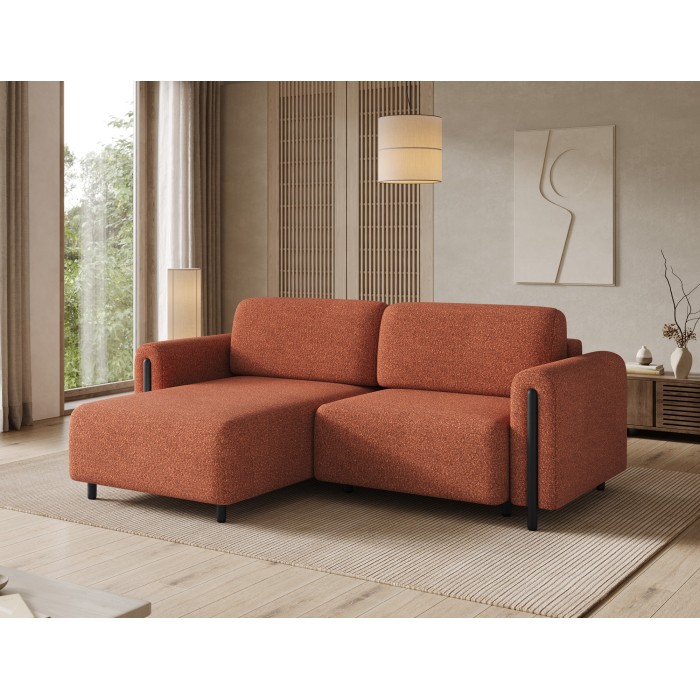 Canapé d’angle convertible ARVESSA terracotta bouclette – Angle gauche avec coffre 