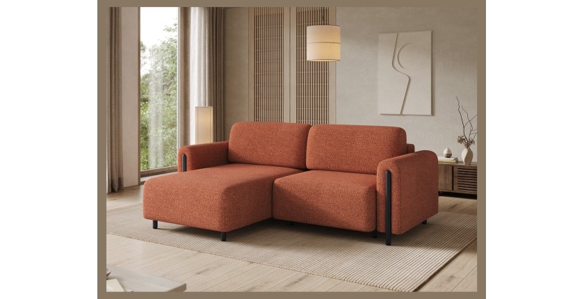 Canapé d’angle convertible ARVESSA terracotta bouclette – Angle gauche avec coffre 